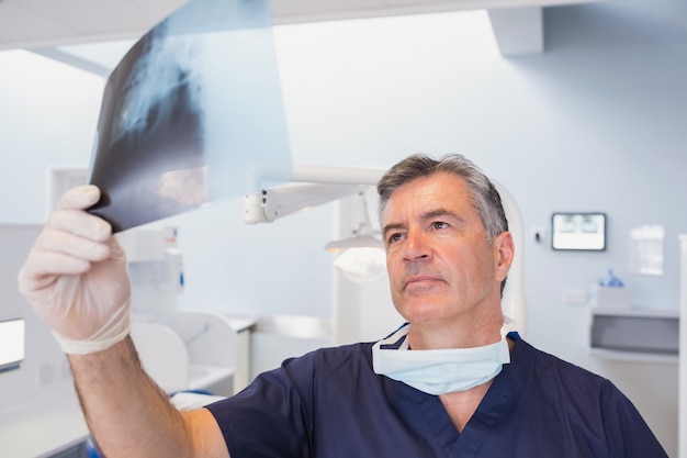 Serious dentist examining a x-ray 