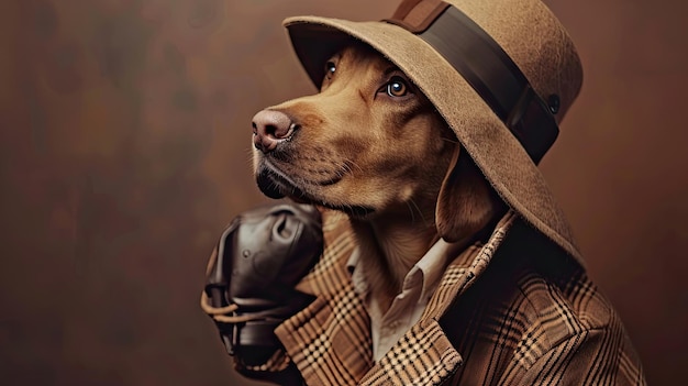 Serio detective cane con un impermeabile e un cappello con una faccia seria indaga su una scena del crimine la sua espressione focalizzata mostra determinazione a risolvere il caso generato da ai