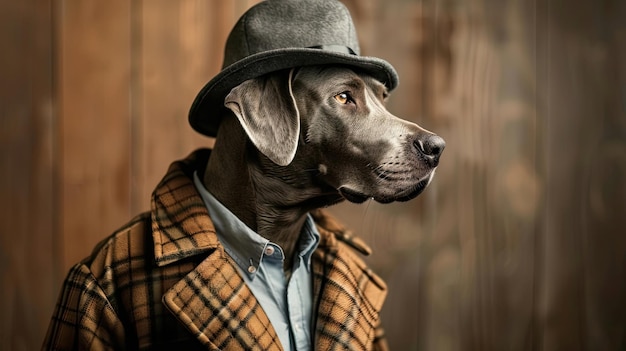 레인코트와 모자를 입고 진지한 얼굴을 가진 심각한 탐정 개는 범죄 현장을 조사합니다. 그의 집중된 표정은 사건을 해결하기 위한 결심을 보여줍니다.