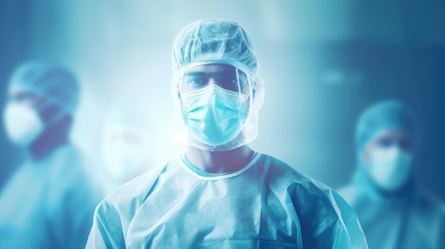 Серьезный доктор и его ассистенты стоят в операционной драматические крупные фотографии врачей