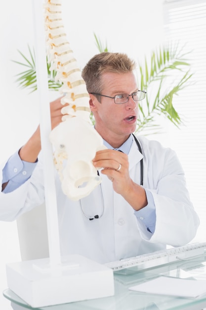 Serious doctor showing anatomical spine 