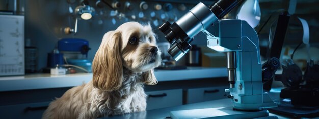 Foto serio scienziato canino in un laboratorio con un microscopio