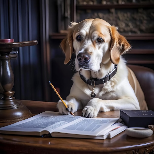 Серьезная собака-писатель, собака-журналист, собака-секретарь с книгой и  пером | Премиум Фото
