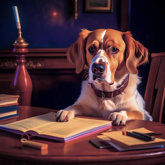 Serious dog writer dog journalist dog secretary dog with book and feather