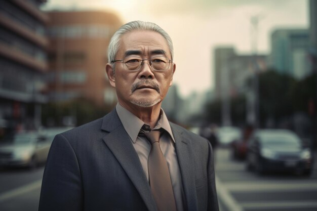 Serious elderly asian gray hair businessman in glasses walks outdoors on city street Generative AI