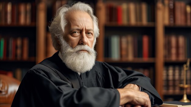 Photo a serious elderly judge in robes sits in a courtroom with books and a gavel in the background ai generative