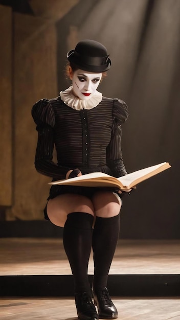 Serious female mime looking at script while rehearsing on stage