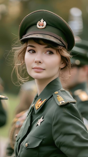 Photo serious female officer in uniform with military decorations