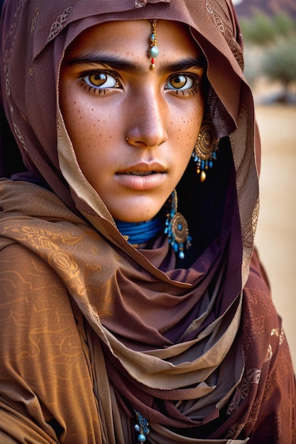 Serious Female Portrait Young Adult in Traditional Clothing and Headscarf