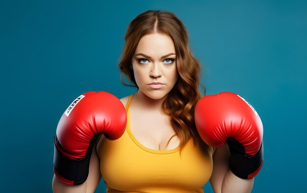 Фото Серьезная фитнес-тренинг молодая толстая женщина подготовка к боксу