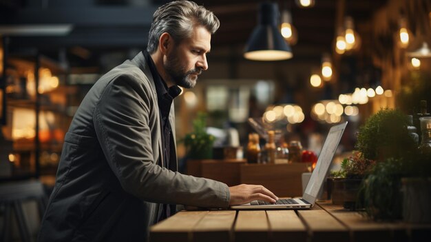 Serious focused male manager sitting in the office at nightgenerative ai