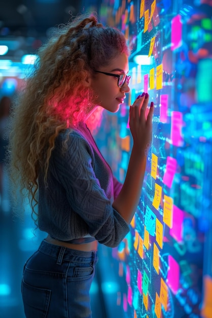 Foto giovane donna d'affari seriamente concentrata che lavora sul piano strategico del progetto scrivendo compiti target