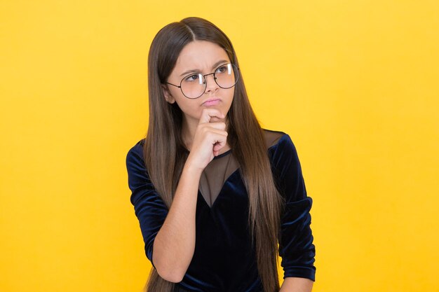 Serious girl kid with puzzled face wear uv protective glasses eyesight