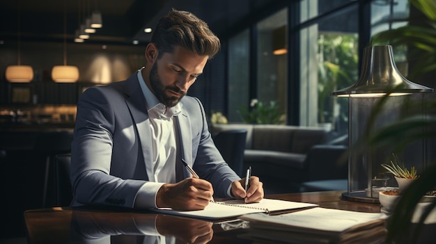 フォーマルな服装で座って、レストランのテーブルでノートに書いている深刻なハンサムな実業家 高品質の写真