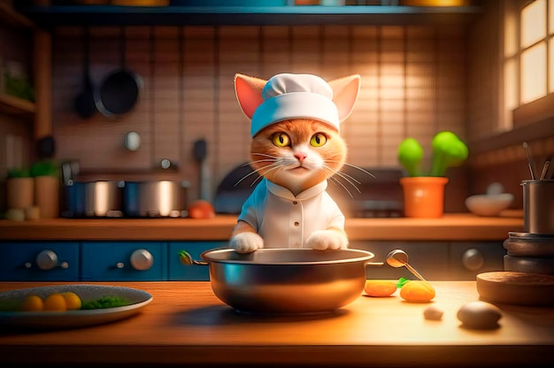 キッチンで食べ物を準備している真面目でハンサムなシェフの猫