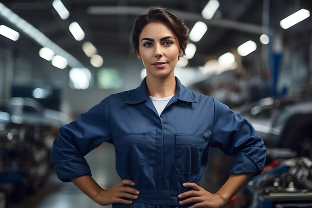 Photo serious hispanic latina female car mechanic in uniform in a garage auto assistance horizontal 3x2