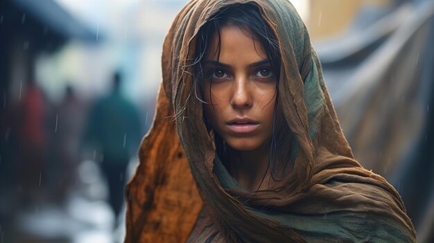 Serious Indian young woman closeup on the street