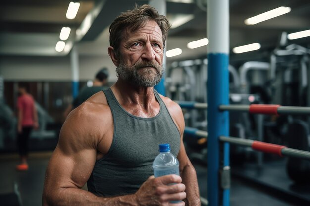 Серьезный ирландский мужчина среднего возраста в спортзале с бутылкой воды в руках