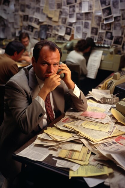 Photo a serious looking man sits at a cluttered desk and talks on the phone