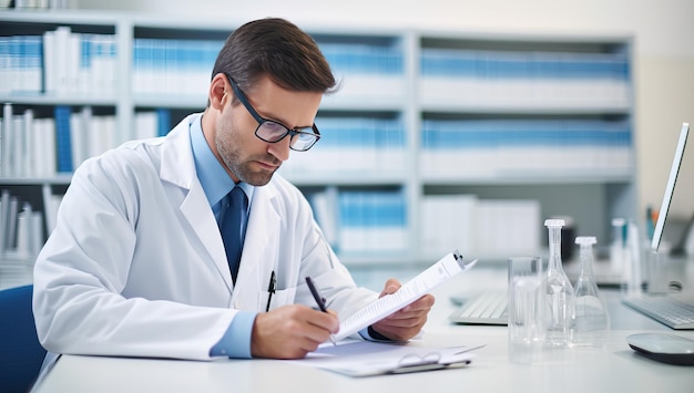 Serious male doctor writing notes while sitting at desk in medical office