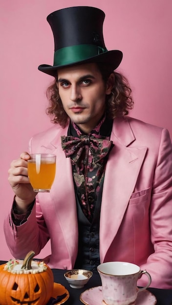 Serious male hatter from wonderland drinks tea on party looks strict at camera wears special costume