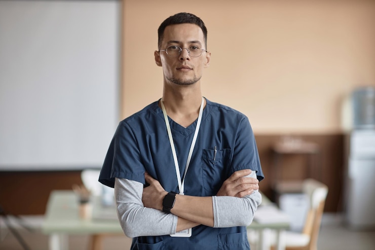 Photo serious male surgeon posing at camera