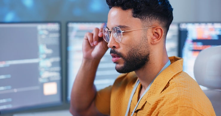Photo serious man and computer coding with programming tech for cybersecurity developer update and upgrade thinking working and web coder with research and software system planning with office monitor