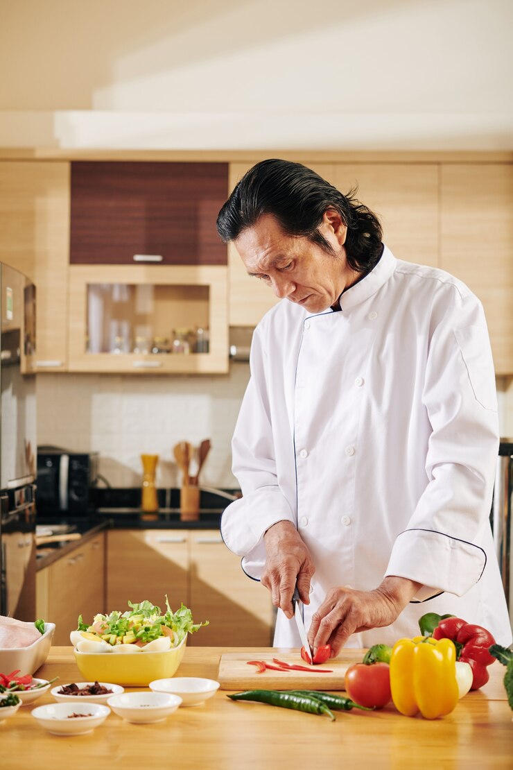 Photo 健康的な料理を作る深刻な男