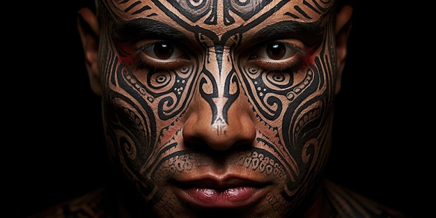 Foto il volto di un uomo serio con un tatuaggio maori che trasmette pensieri profondi e patrimonio culturale ai generative ai