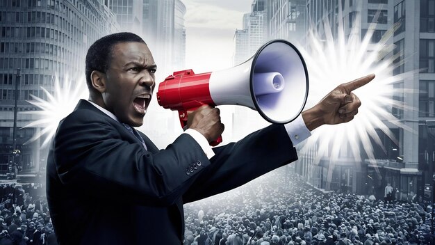 Serious man shouting into megaphone and pointing away