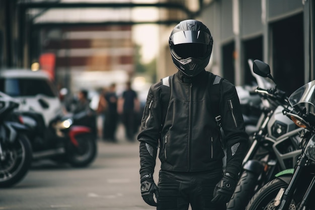 серьезный мужчина в мотоциклетном снаряжении и шлеме черного цвета AI Generated