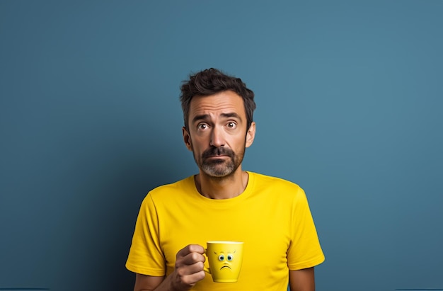 Serious man in yellow shirt holding a sadfaced mug blue background with a touch of melancholy