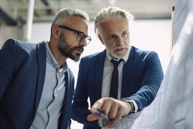 Serious mature businessman pointing at flipchart while working with colleague in office Generative AI