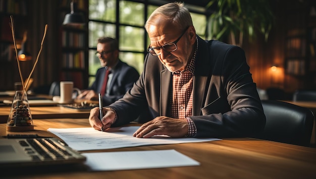 Serious mature businessman sitting at table in office and signing contract