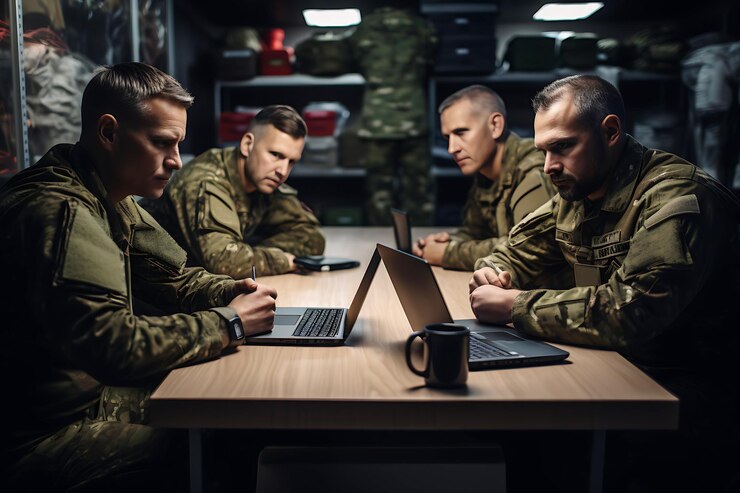 暗い本部のテーブルに座ってラップトップを見ている軍服を着た真剣な男性