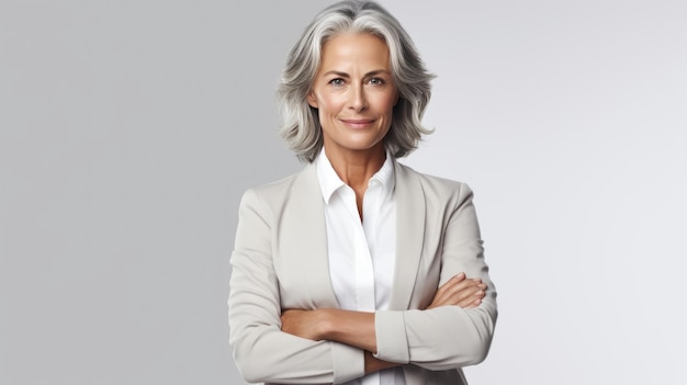 Serious middleaged businesswoman standing on a gray background with her arms crossed Created with Generative AI technology