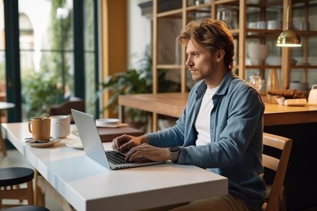 serious millennial man using laptop sitting at the table in a home office focused guy looking at the