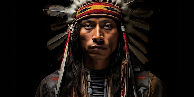 A serious Native American man with a proud posture and strong character reflecting the wisdom and strength of his people AI Generative AI