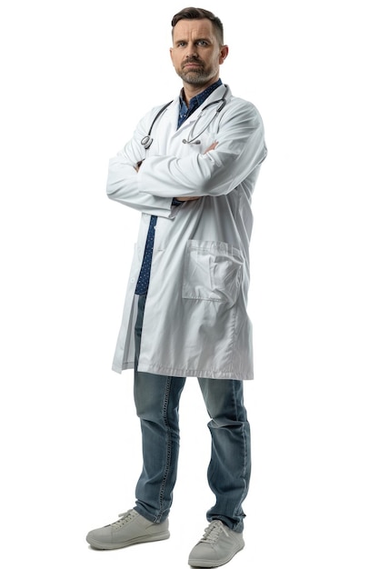 Серьезный профессиональный врач-мужчина в полутеле, застреленный на белом фоне.