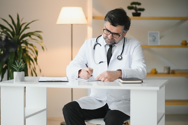 Serious professional senior elderly doctor doing paperwork checking medical documents at workplace Concentrated old physician reading medic form analyzing patient diagnosis or report in hospital