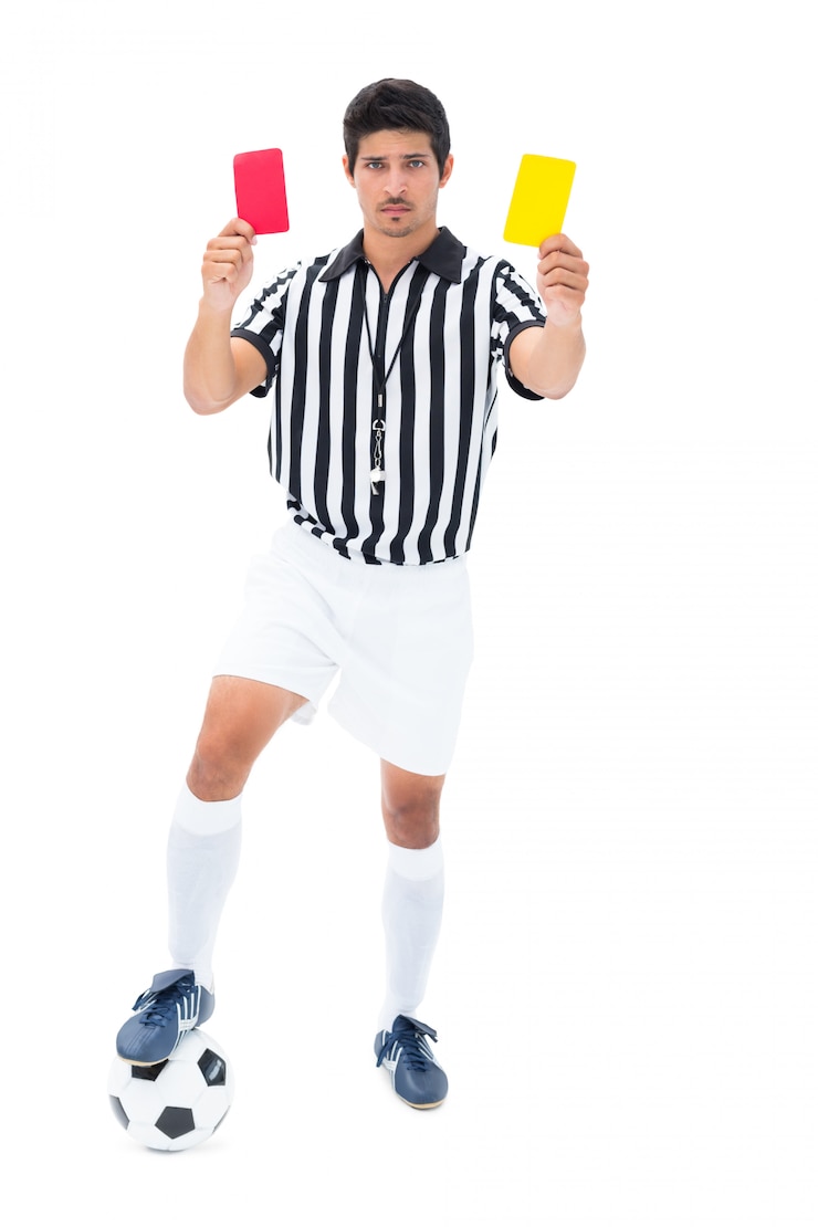 Photo serious referee showing red and yellow card