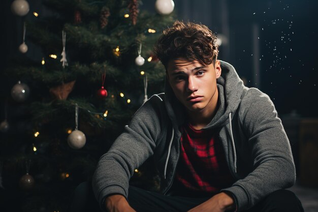 Serious sad man is sitting in front of a Christmas tree