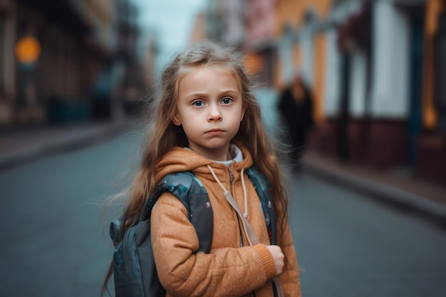 Serious school girl backpack portrait Study person Generate Ai