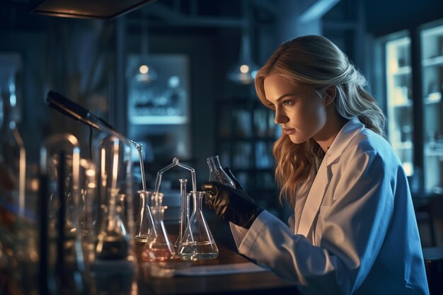 Serious scientist looking at test tube in chemical laboratory Attractive young female scientist holding test tube and looking at it