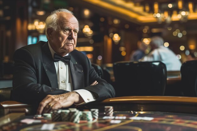 Foto un uomo anziano e serio al tavolo da poker nel casinò.