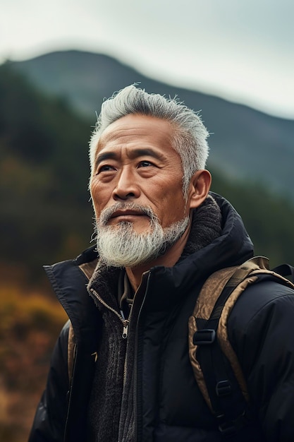 Foto serio signore uomo asiatico che contempla il giorno