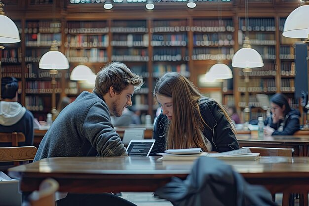 Serious students sitting at table in library with laptop