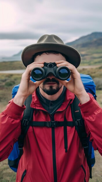 Serious unshaven male backpacker keeps binoculars near eyes wears hat and red jacket explores new