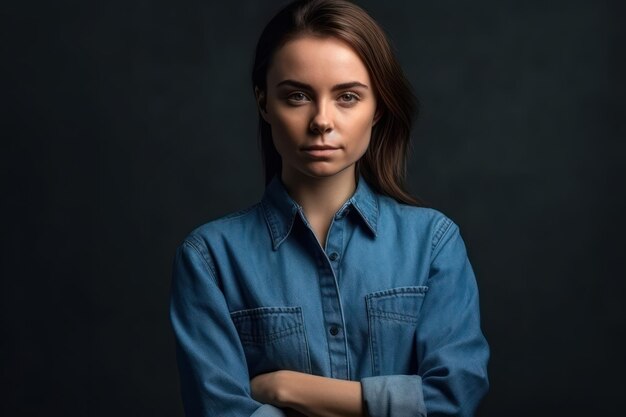 Serious woman in blue casual denim shirt with arms crossed isolated female portrait