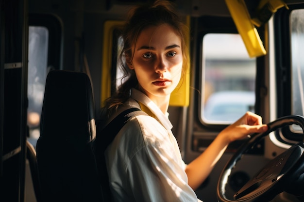 Серьезная женщина-водитель автобуса, сосредоточенная на безопасной транспортировке.
